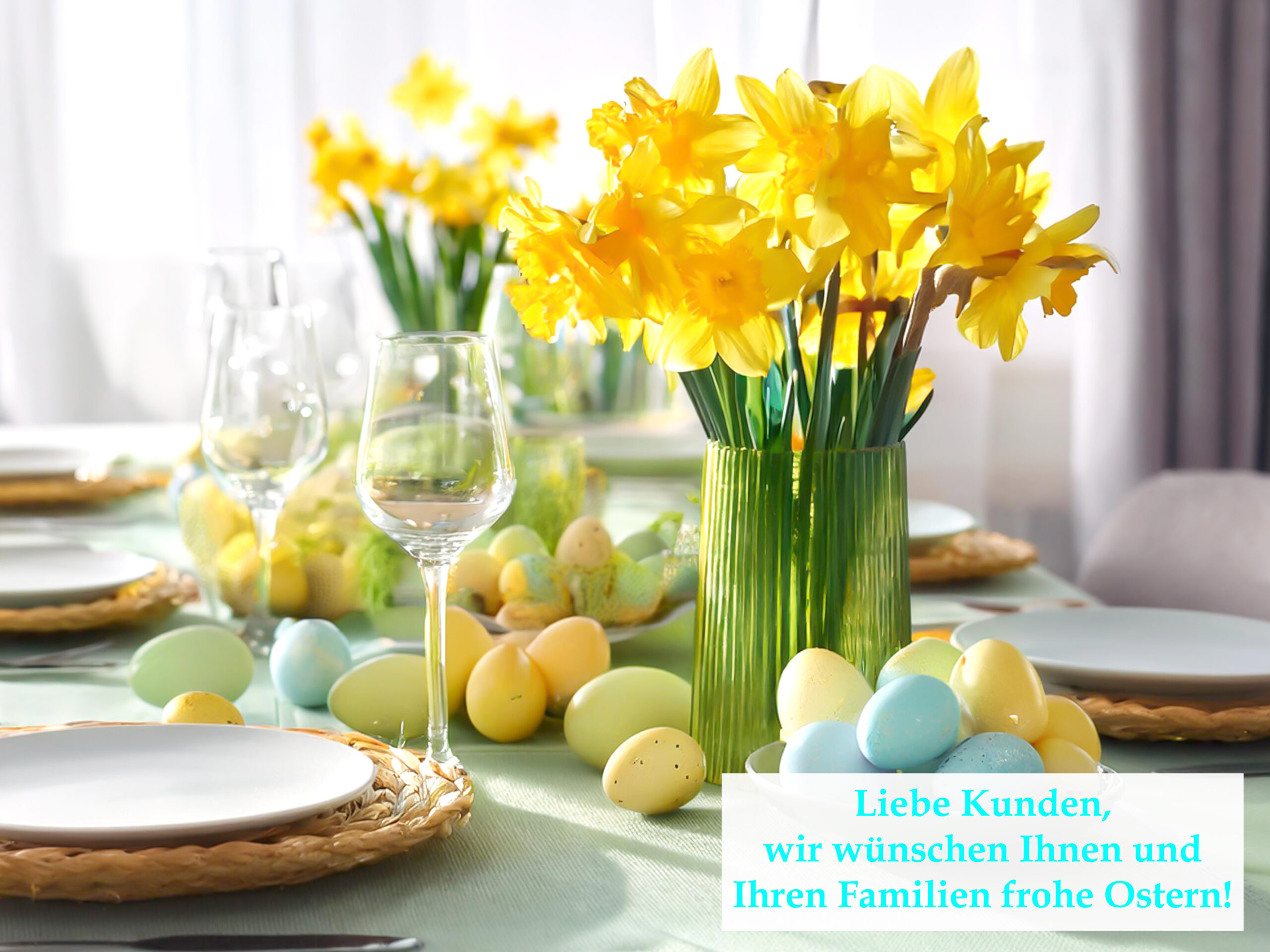Liebe Kunden,
wir wünschen Ihnen und
Ihren Familien frohe Ostern! Bild: gedeckter Ostertisch