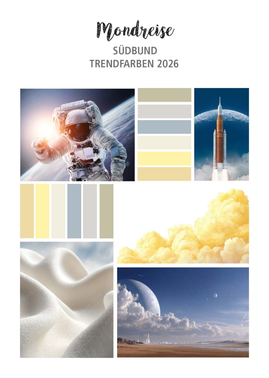 EIn Astronaut. Trendfarbe Mondreise. Helle Gelb- und Beigetöne.